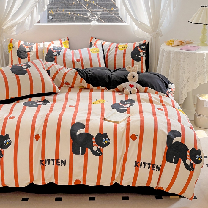 91家纺网 家纺一手货源 找家纺 优选良品 2025新款直播爆款母婴级水洗皱皱棉四件套小碎花被套床笠款三件套 黑猫仔仔