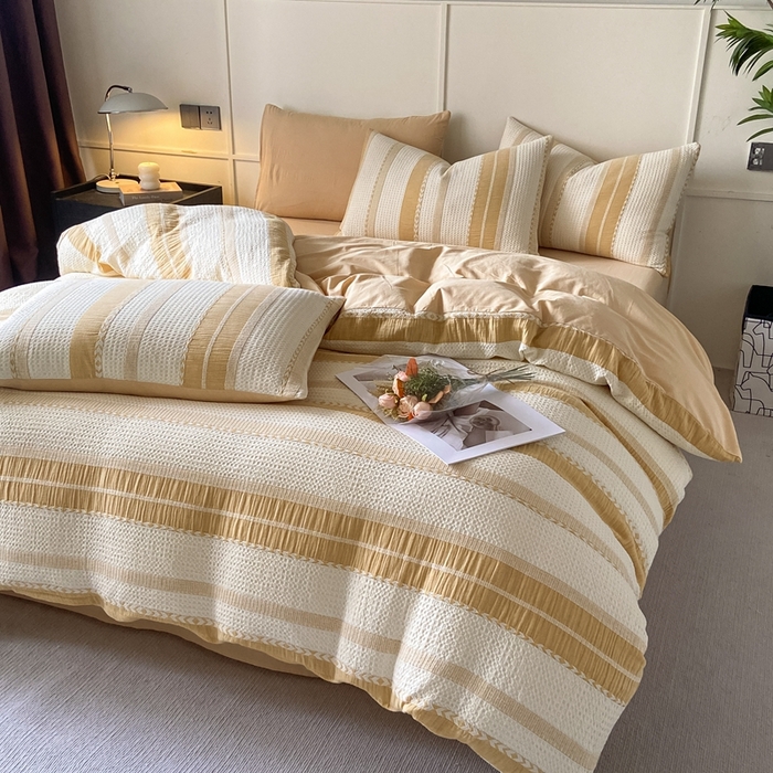 91家纺网 家纺一手货源 找家纺 ab家纺 2024新款彩条双层纱提花四件套 格调杏