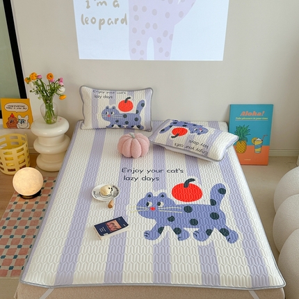 91家纺网 家纺一手货源 找家纺 美乐迪 2024新款大版乳胶凉席 条纹猫咪