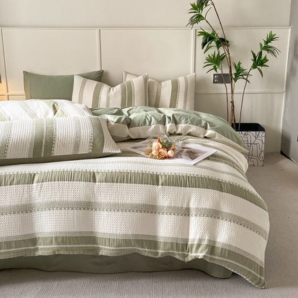 91家纺网 家纺一手货源 找家纺 ab家纺 2024新款彩条双层纱提花四件套 格调绿