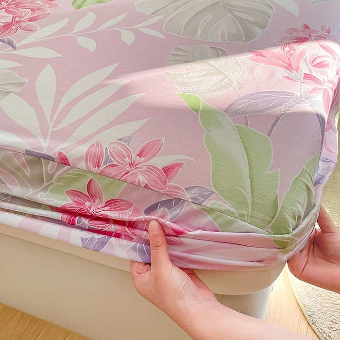 91家纺网 家纺一手货源 找家纺 绵庭家纺 2024新款AB版12868全棉印花单床笠  花影缤纷