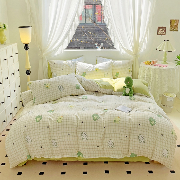 91家纺网 家纺一手货源 找家纺 优选良品 2025新款直播爆款母婴级水洗皱皱棉四件套小碎花被套床笠款三件套 恐龙宝贝