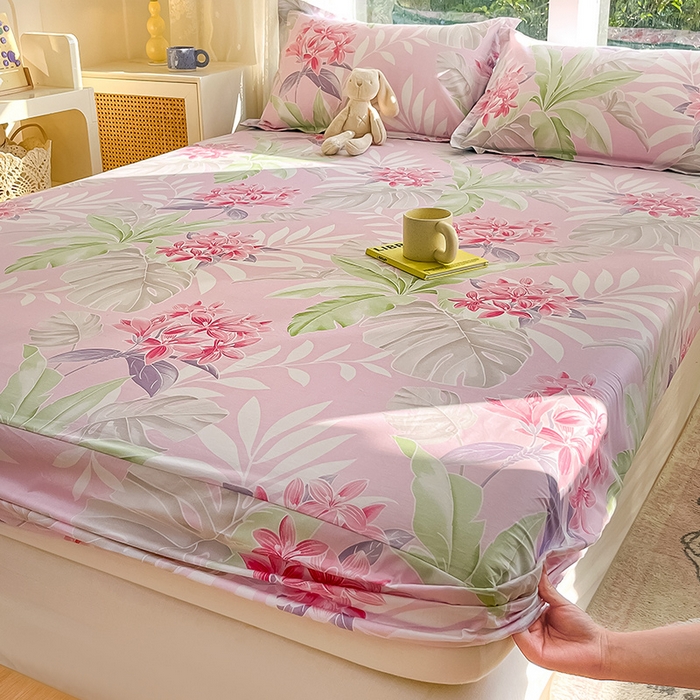 91家纺网 家纺一手货源 找家纺 绵庭家纺 2024新款AB版12868全棉印花单床笠  花影缤纷