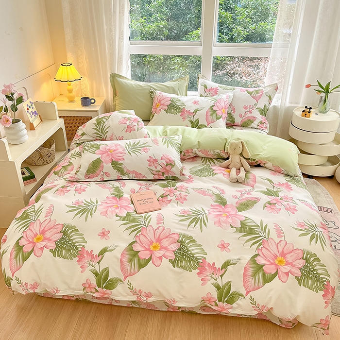 91家纺网 家纺一手货源 找家纺 绵庭家纺 2024新款AB版全棉印花系列四件套 粉朵华颂