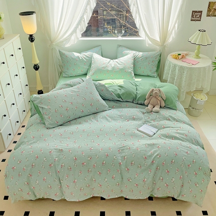 91家纺网 家纺一手货源 找家纺 优选 2025新款直播爆款母婴级水洗皱皱棉四件套小碎花被套床笠款三件套 温茶