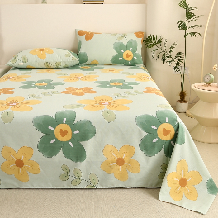 91家纺网 家纺一手货源 找家纺 棉乐町家居 2025新款三枚段条卷边老粗布床单套件 花恋曲-绿-原棉款