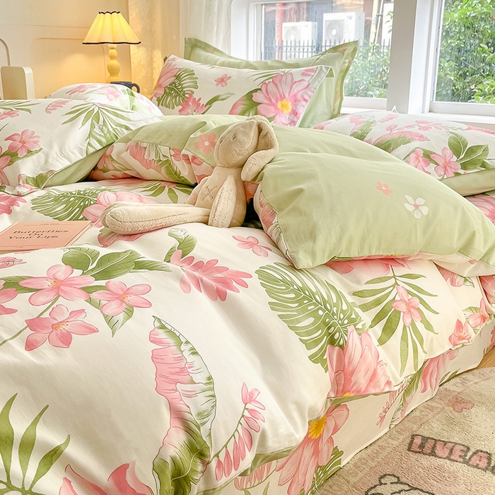 91家纺网 家纺一手货源 找家纺 绵庭家纺 2024新款AB版全棉印花系列四件套 粉朵华颂