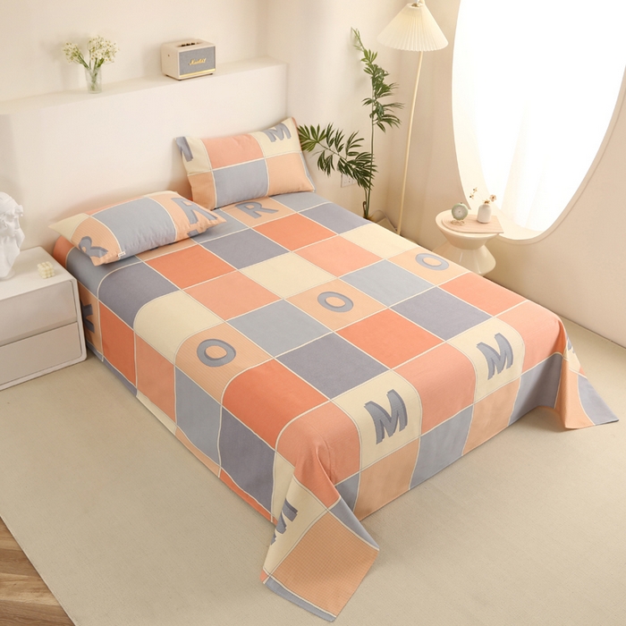 91家纺网 家纺一手货源 找家纺 棉乐町家居 2025新款三枚段条卷边老粗布床单套件 字母风格-原棉款