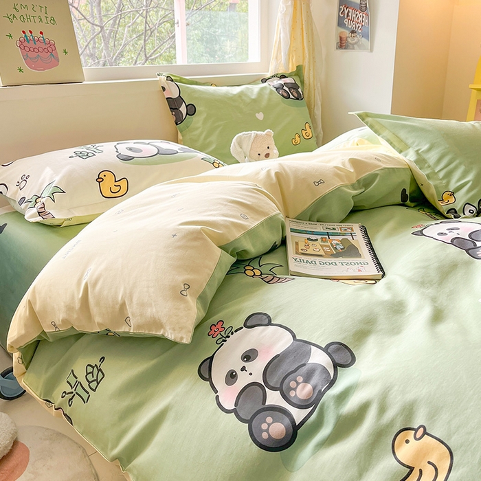 91家纺网 家纺一手货源 找家纺 绵庭家纺 2024新款AB版12868全棉印花单被套 熊猫戏水绿