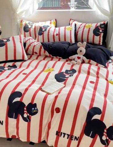 91家纺网 家纺一手货源 找家纺 优选良品 2025新款直播爆款母婴级水洗皱皱棉四件套小碎花被套床笠款三件套 黑猫仔仔