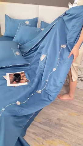 91家纺网 家纺一手货源 找家纺 绒世界 绒世界 2025新款大牌风水洗真丝绣花床笠被套夏被四件套公主日记系列-风格一 公主日记-宾利蓝