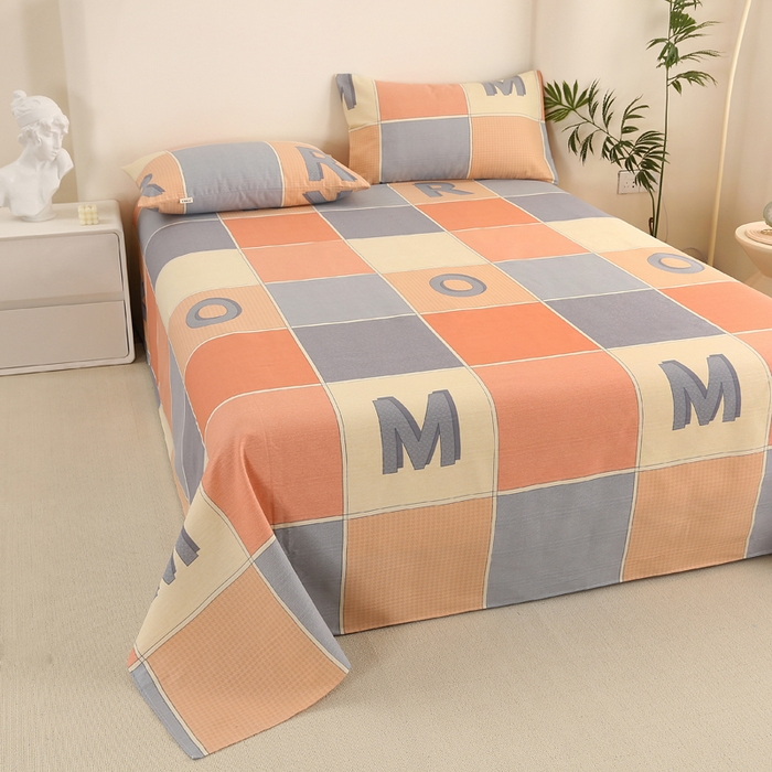 91家纺网 家纺一手货源 找家纺 棉乐町家居 2025新款三枚段条卷边老粗布床单套件 字母风格-原棉款