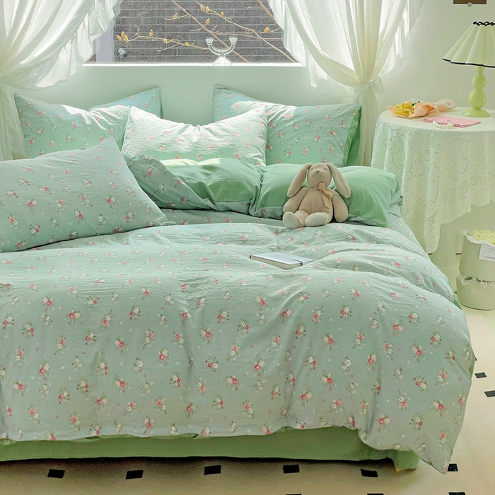 91家纺网 家纺一手货源 找家纺 优选良品 2025新款直播爆款母婴级水洗皱皱棉四件套小碎花被套床笠款三件套 温茶