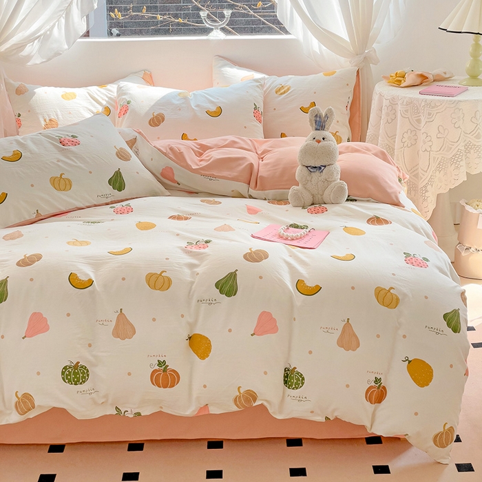 91家纺网 家纺一手货源 找家纺 优选良品 2025新款直播爆款母婴级水洗皱皱棉四件套小碎花被套床笠款三件套 水果派对