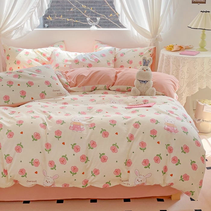 91家纺网 家纺一手货源 找家纺 优选 2025新款直播爆款母婴级水洗皱皱棉四件套小碎花被套床笠款三件套 比菲兔