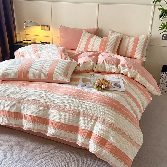 91家纺网 家纺一手货源 找家纺 ab家纺 2024新款彩条双层纱提花四件套 格调粉