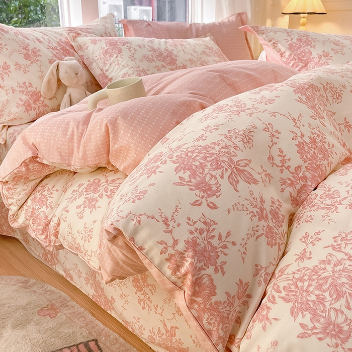 91家纺网 家纺一手货源 找家纺 绵庭家纺 2024新款AB版12868全棉印花单被套 藤蔓花影-粉