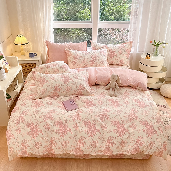 91家纺网 家纺一手货源 找家纺 绵庭家纺 2024新款AB版全棉印花系列四件套 藤蔓花影-粉