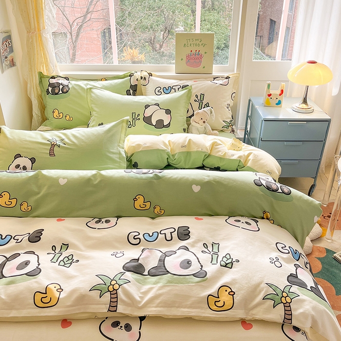 91家纺网 家纺一手货源 找家纺 绵庭家纺 2024新款AB版12868全棉印花单枕套 熊猫戏水绿