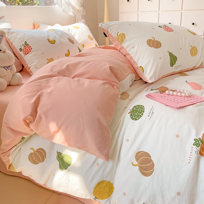 91家纺网 家纺一手货源 找家纺 优选良品 2025新款直播爆款母婴级水洗皱皱棉四件套小碎花被套床笠款三件套 水果派对