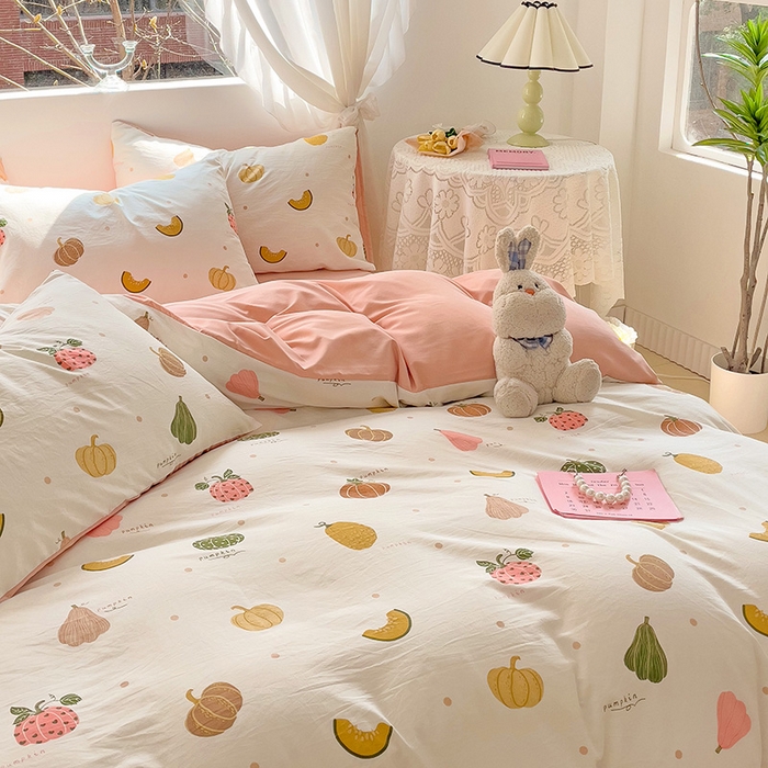 91家纺网 家纺一手货源 找家纺 优选良品 2025新款直播爆款母婴级水洗皱皱棉四件套小碎花被套床笠款三件套 水果派对