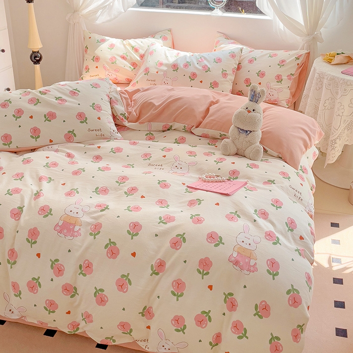 91家纺网 家纺一手货源 找家纺 优选 2025新款直播爆款母婴级水洗皱皱棉四件套小碎花被套床笠款三件套 比菲兔