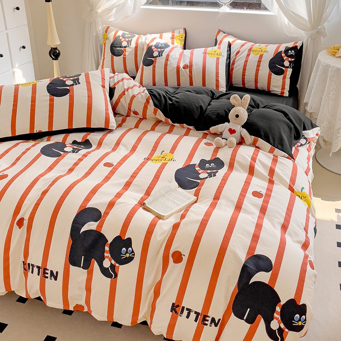 91家纺网 家纺一手货源 找家纺 优选良品 2025新款直播爆款母婴级水洗皱皱棉四件套小碎花被套床笠款三件套 黑猫仔仔