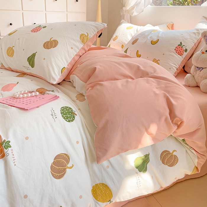 91家纺网 家纺一手货源 找家纺 优选良品 2025新款直播爆款母婴级水洗皱皱棉四件套小碎花被套床笠款三件套 水果派对