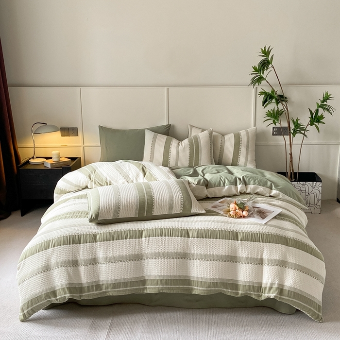 91家纺网 家纺一手货源 找家纺 ab家纺 2024新款彩条双层纱提花四件套 格调绿