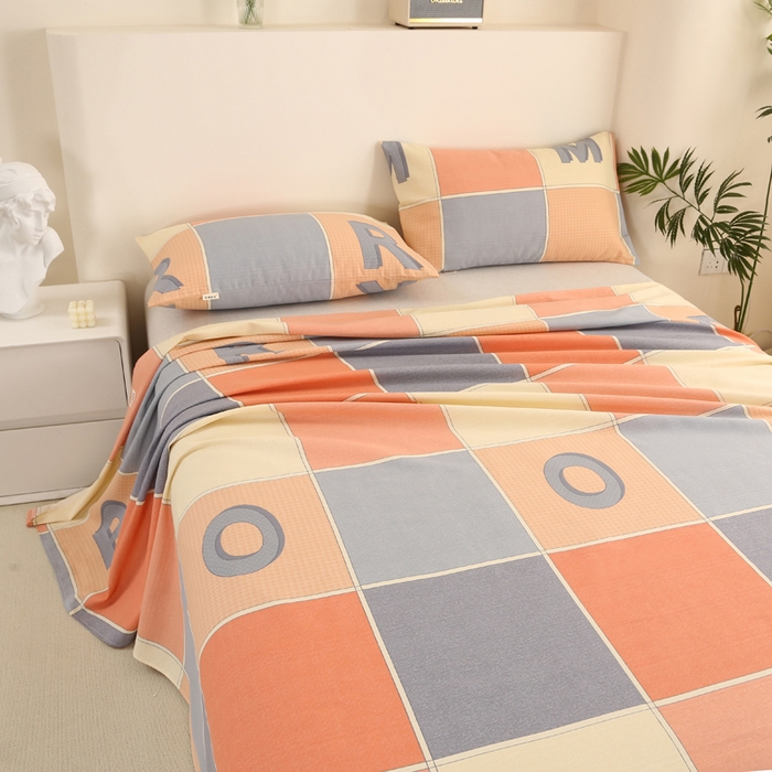 91家纺网 家纺一手货源 找家纺 棉乐町家居 2025新款三枚段条卷边老粗布床单套件 字母风格-原棉款