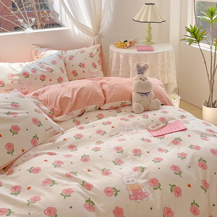 91家纺网 家纺一手货源 找家纺 优选 2025新款直播爆款母婴级水洗皱皱棉四件套小碎花被套床笠款三件套 比菲兔