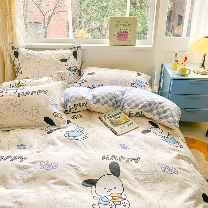 91家纺网 家纺一手货源 找家纺 绵庭家纺 2024新款AB版12868全棉印花单被套 蓝色小狗