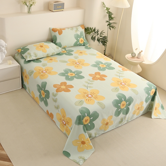 91家纺网 家纺一手货源 找家纺 棉乐町家居 2025新款三枚段条卷边老粗布床单套件 花恋曲-绿-原棉款