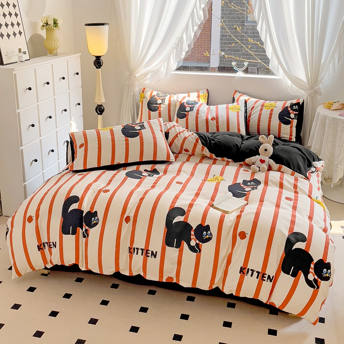 91家纺网 家纺一手货源 找家纺 优选良品 2025新款直播爆款母婴级水洗皱皱棉四件套小碎花被套床笠款三件套 黑猫仔仔