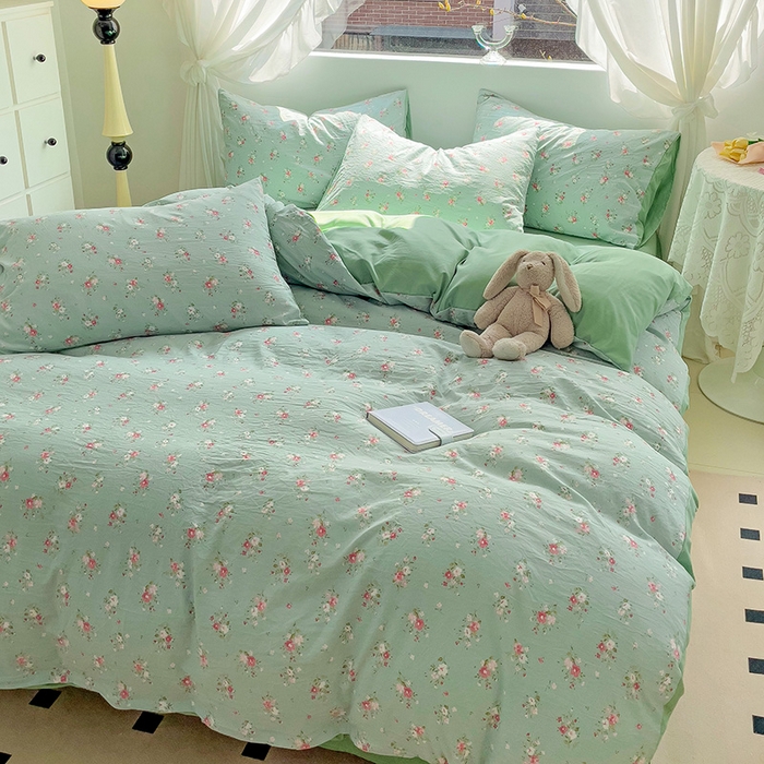 91家纺网 家纺一手货源 找家纺 优选良品 2025新款直播爆款母婴级水洗皱皱棉四件套小碎花被套床笠款三件套 温茶