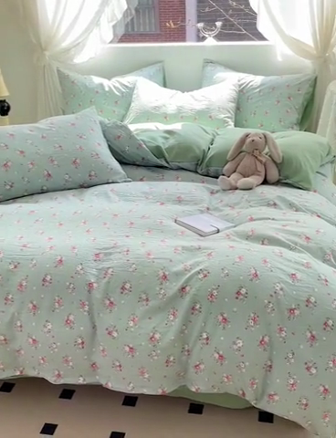 91家纺网 家纺一手货源 找家纺 优选良品 2025新款直播爆款母婴级水洗皱皱棉四件套小碎花被套床笠款三件套 温茶