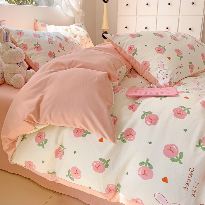 91家纺网 家纺一手货源 找家纺 优选良品 2025新款直播爆款母婴级水洗皱皱棉四件套小碎花被套床笠款三件套 比菲兔