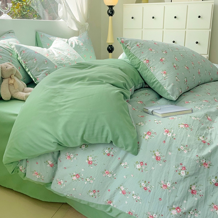 91家纺网 家纺一手货源 找家纺 优选良品 2025新款直播爆款母婴级水洗皱皱棉四件套小碎花被套床笠款三件套 温茶