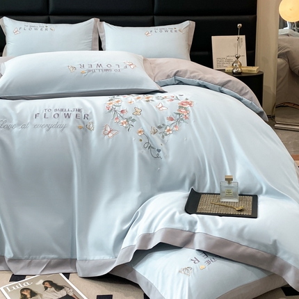 91家纺网 家纺一手货源 找家纺 凯艾玲 2024新款简约轻奢磨毛细斜纹四件套-初见 初见-浅蓝