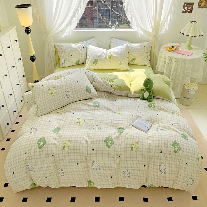 91家纺网 家纺一手货源 找家纺 优选良品 2025新款直播爆款母婴级水洗皱皱棉四件套小碎花被套床笠款三件套 恐龙宝贝