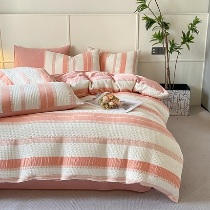 91家纺网 家纺一手货源 找家纺 ab家纺 2024新款彩条双层纱提花四件套 格调粉