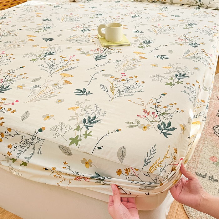 91家纺网 家纺一手货源 找家纺 绵庭家纺 2024新款AB版12868全棉印花单床笠  东篱桔梗