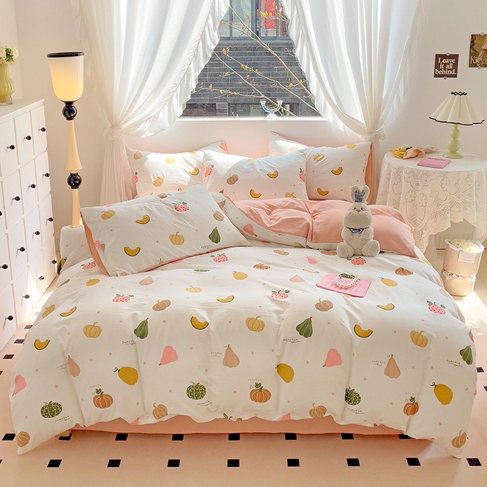 91家纺网 家纺一手货源 找家纺 优选良品 2025新款直播爆款母婴级水洗皱皱棉四件套小碎花被套床笠款三件套 水果派对