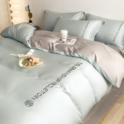 91家纺网 家纺一手货源 找家纺 (总)梦幻之城2023新款水洗真丝双拼刺绣小山茶花四件套--芮雅系列