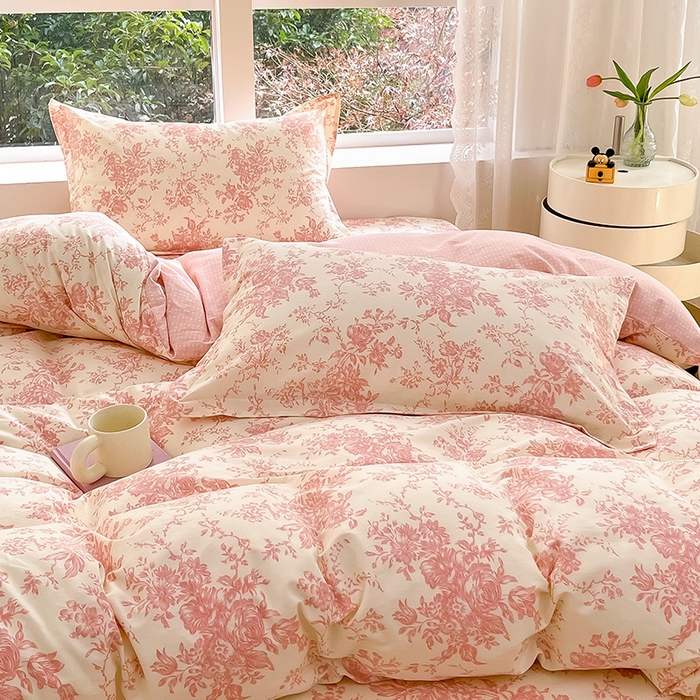 91家纺网 家纺一手货源 找家纺 绵庭家纺 2024新款AB版12868全棉印花单枕套 藤蔓花影-粉