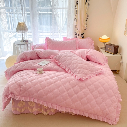 梦想家 新款磨毛夹棉床裙式床笠纯色大花边三件套四件套 蕾丝款粉色