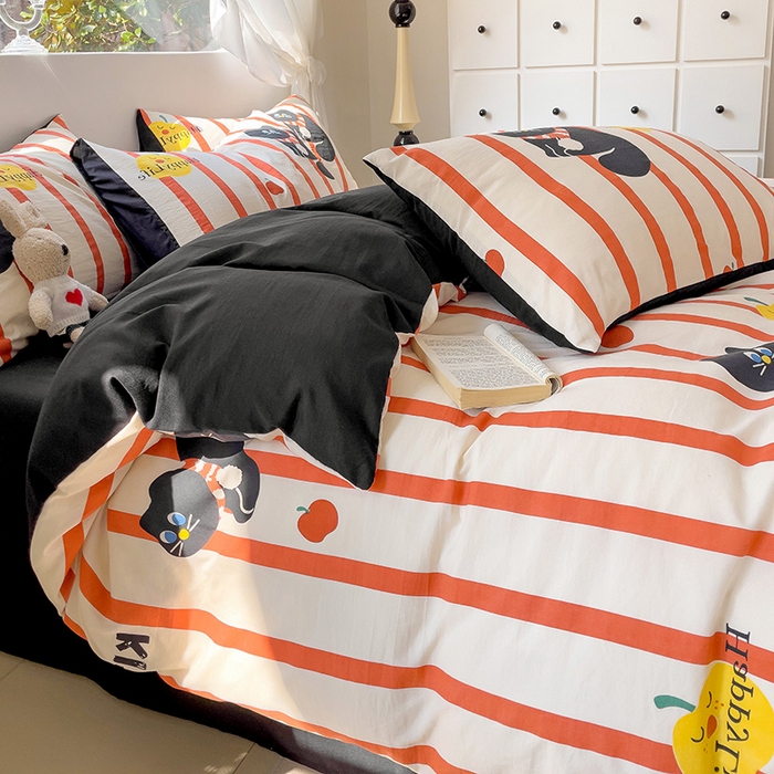 91家纺网 家纺一手货源 找家纺 优选良品 2025新款直播爆款母婴级水洗皱皱棉四件套小碎花被套床笠款三件套 黑猫仔仔