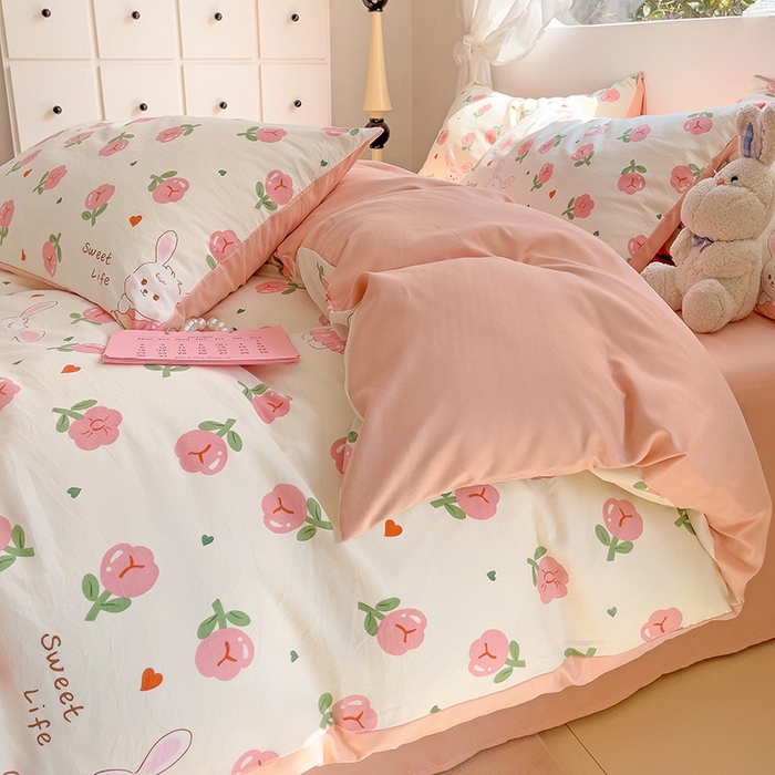 91家纺网 家纺一手货源 找家纺 优选 2025新款直播爆款母婴级水洗皱皱棉四件套小碎花被套床笠款三件套 比菲兔