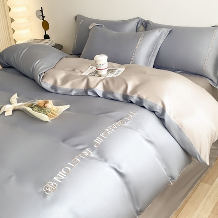 91家纺网 家纺一手货源 找家纺 (总)梦幻之城2023新款水洗真丝双拼刺绣小山茶花四件套--芮雅系列