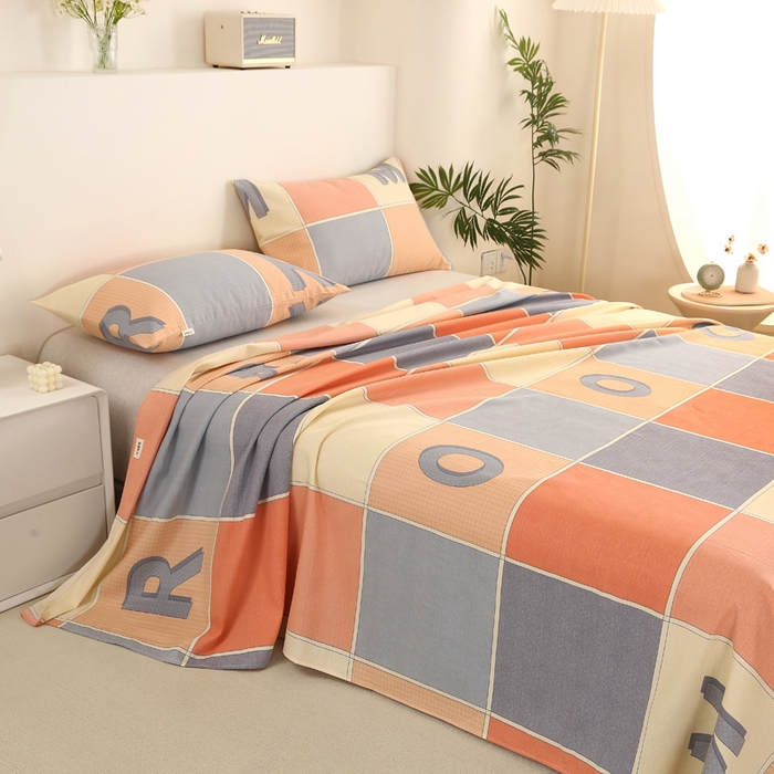 91家纺网 家纺一手货源 找家纺 棉乐町家居 2025新款三枚段条卷边老粗布床单套件 字母风格-原棉款